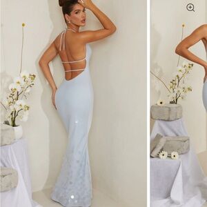 Cowl Neck Embellished Satin Madi Dress in Blue- Oh Polly